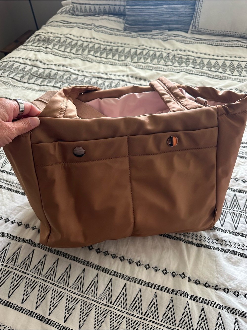 HOBO Tan Shoulder Bag with Pink Interior